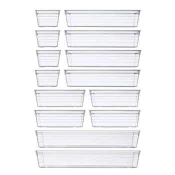 DCA 14-Piece Clear Plastic Drawer Organizer Set for Makeup and Utensils