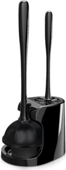 2 in 1 Toilet Brush and Plunger Set - Toilet Brush with Solid Handle, Stand and Holder for Deeply Cleaning in Bathrooms - Plastic Toilet Brush and Holder Set in Black