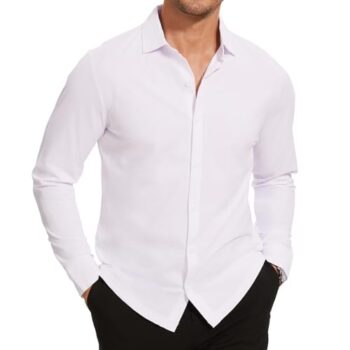 BANZHUKE Men's Long Sleeve Button Down Shirts Wrinkle Free Business Untucked Stretch Dress Beach Casual Wedding Shirt (White, XL)
