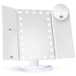 HUONUL Makeup Mirror Vanity Mirror with Lights, 2X 3X 10X Magnification, Lighted Makeup Mirror, Touch Control, Trifold Makeup Mirror, Dual Power Supply, Portable LED Makeup Mirror, Women Gift (White)