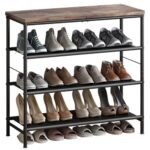 INGIORDAR Shoe Rack Organizer 4 Tier Metal Organizer Shelf with Industrial MDF Board and Layer Fabric for Entryway Closet Bedroom Living Room Garage,Black & Rustic Brown