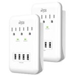 KMC 3-Outlet Wall Mount Surge Protector, 900 Joules, 4 USB 4.8 AMP USB Charging Ports, Phone Holder Cradle for Home, School or Office, ETL Certified (2 Pack)
