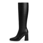 QIY Black Chunky Heel Knee High Boots for Women Square Toe Heeled Fall Boots High Heel Side Zipper Tall Boots Womens Size 6.5