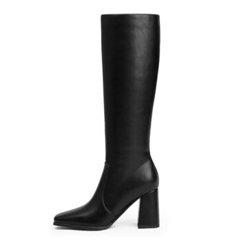 QIY Black Chunky Heel Knee High Boots for Women Square Toe Heeled Fall Boots High Heel Side Zipper Tall Boots Womens Size 6.5