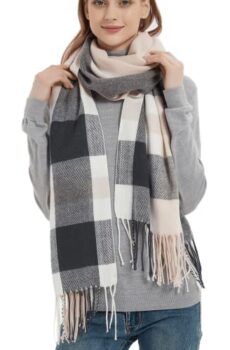 Wander Agio Women's Large Plaid Winter Scarf Grey Pink