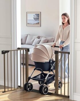 Cumbor 29.7-46" Baby Gate for Stairs, Mom's Choice Awards Winner-Auto Close Dog Gate for the House, Easy Install Pressure Mounted Pet Gates for Doorways, Easy Walk Thru Wide Safety Gate for Dog, Brown