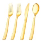 KIRE 400PCS Gold Plastic Silverware - Gold Silverware Disposable, Heavy Duty Gold Utensils Set Include 200 Gold Forks,100 Gold Knives,100 Gold Spoons for Party,Wedding