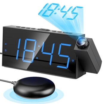 Mesqool Projection Alarm Clock, Loud Vibrating Alarm Clock for Heavy Sleepers, Adjustable Projection Brightness,Hearing Impaired & Deaf People, Digital Alarm Clock with USB Charging Port