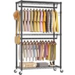 OLIXIS Clothes Rack Heavy Duty Adjustable Garment Clothing Rack with Wheels, Rolling Metal Freestanding Closet Organizer for Hanging Clothes with 2 Side Hooks, Double Rod, 17.7" D x 47.2" W x 80.3" H
