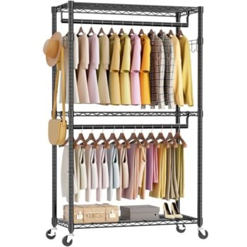 OLIXIS Clothes Rack Heavy Duty Adjustable Garment Clothing Rack with Wheels, Rolling Metal Freestanding Closet Organizer for Hanging Clothes with 2 Side Hooks, Double Rod, 17.7" D x 47.2" W x 80.3" H