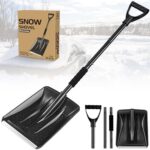 Snow Shovel, Upgrade Emergency Snow Shovel for Driveway with Aluminum Handle Large Capacity Lightweight and Adjustable Portable Survival Shovel for Home, Garden, Camping, Mud and Snowman(Black)