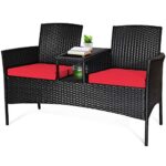 Tangkula Wicker Patio Conversation Furniture Set, Outdoor Furniture Set with Removable Cushions & Table, Tempered Glass Top, Modern Rattan Bench for Garden Lawn Backyard