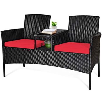 Tangkula Wicker Patio Conversation Furniture Set, Outdoor Furniture Set with Removable Cushions & Table, Tempered Glass Top, Modern Rattan Bench for Garden Lawn Backyard