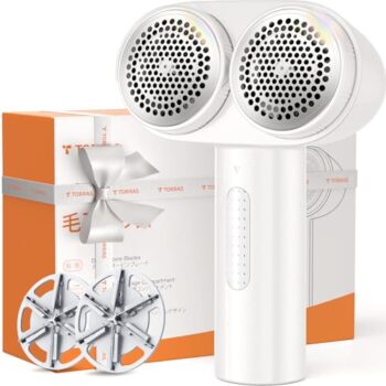 TORRAS Dual-Head Fabric Shaver, Longest Durability & 50ml Large Capacity Rechargeable Lint Removers to Remove Pills, 6-Leaf Blades Defuzzer, Electric Shaver for Clothes Couch Furniture, Pearl White