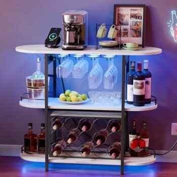 VASAGLE Bar Cabinets for Home, LED Coffee Bar with Power Outlets, Home Mini Bar for Liquor, Freestanding Wine Rack with Glass Holder, Kitchen, Dining Room, Rustic White ULWR007W01