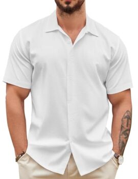 COOFANDY Men's White Linen Button-Up Shirt