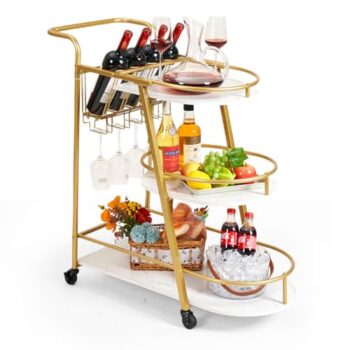 Gold 3-Tier Rolling Bar Cart with Wine Rack