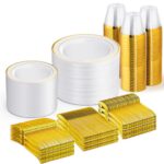 WELLIFE 600 PCS Gold Disposable Dinnerware Set
