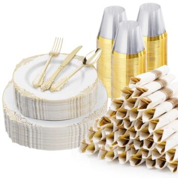 Bestluck 350PCS Gold Disposable Dinnerware Set