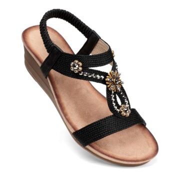 SHIBEVER Women's Black Wedge Rhinestone Sandals