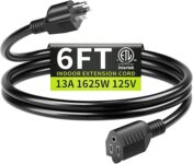 16/3 Black Extension Cord 6 FT Indoor, Short Extension Cord for Laptops, Coffee Makers, Office Home Appliances, 3 Prong Small Resistant Cable Flexible, 13A 125V 1625W ETL Listed